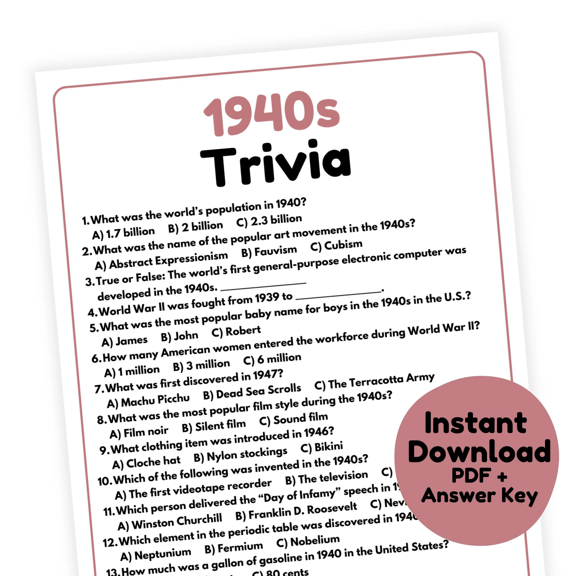 1940s Trivia Game 1940s Game Printable