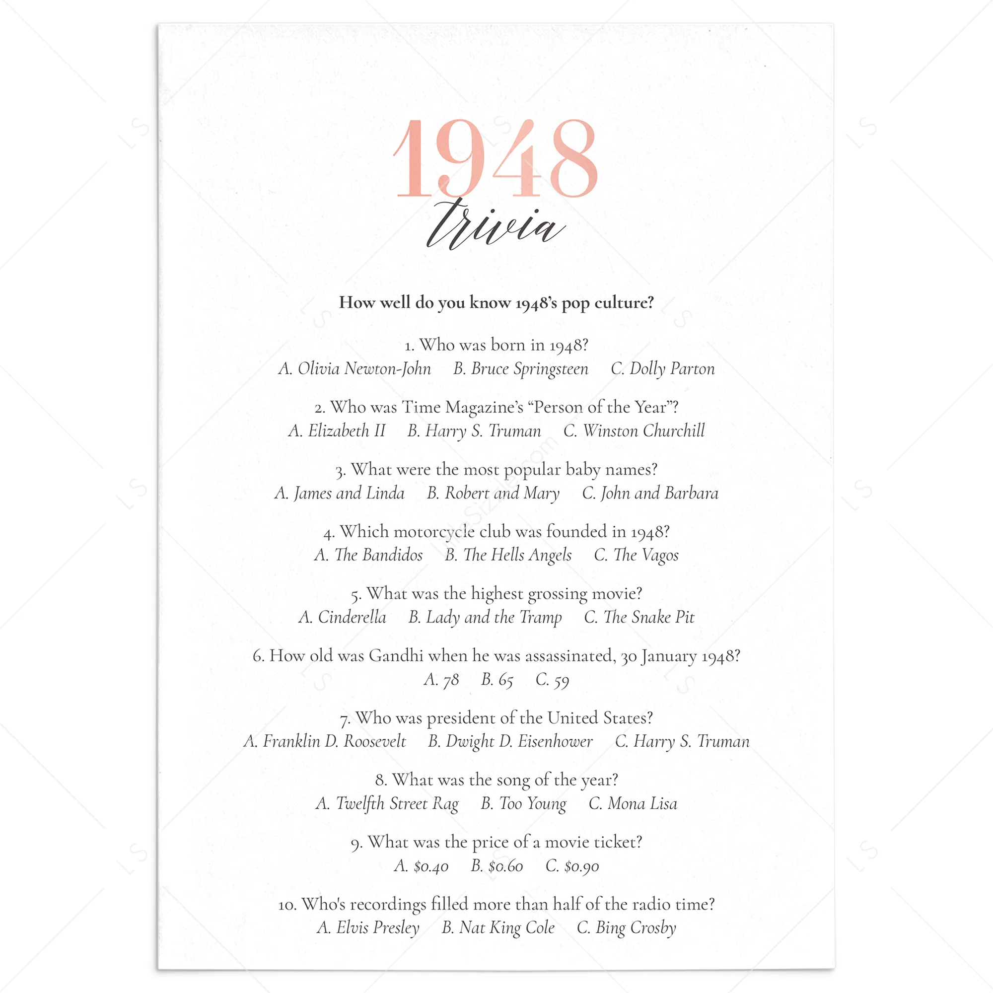 1948 Trivia Questions And Answers Printable 1948 Trivia Questions And Answers Printable