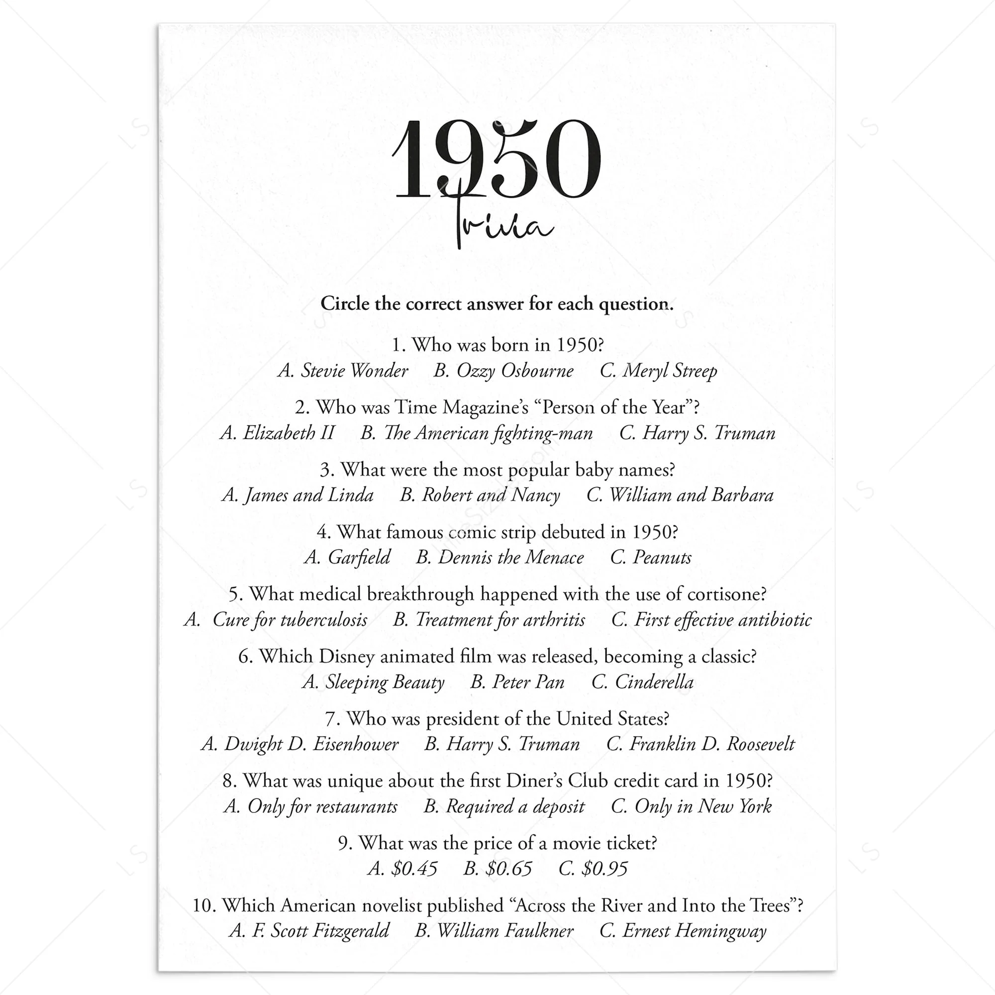1950 Trivia Quiz With Answer Key Instant Download