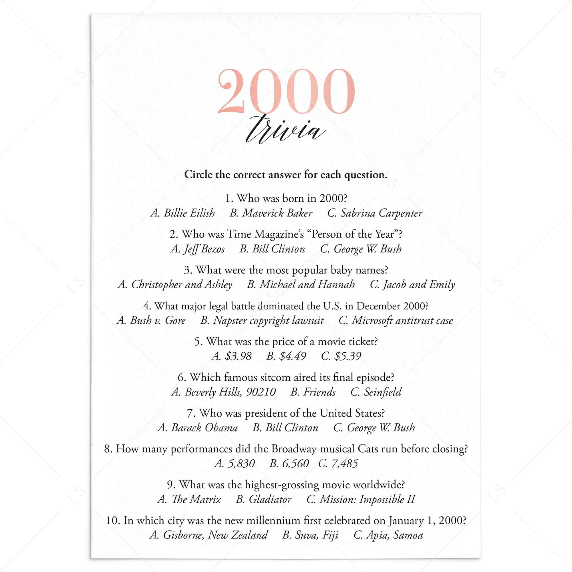2000 Trivia Questions And Answers Printable