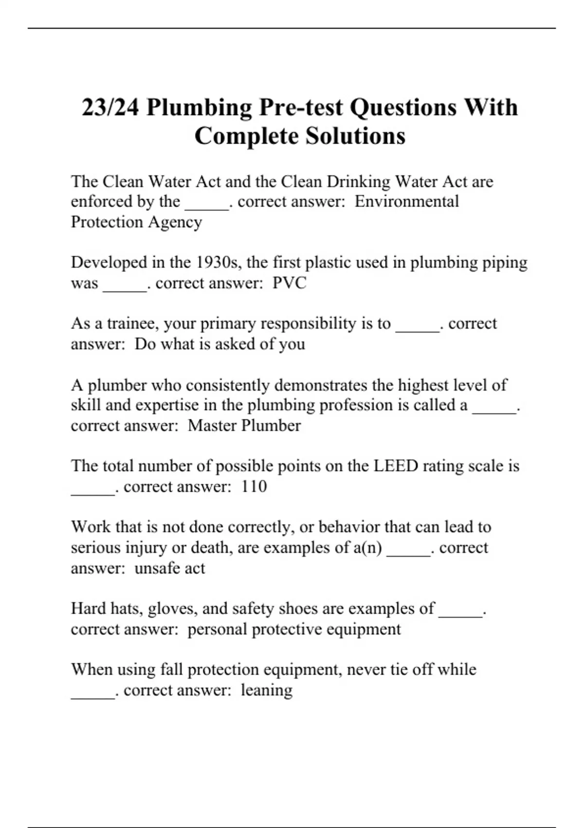 2324 Plumbing Pre Test Questions With Complete Solutions 2324 Plumbing Pre Test Questions With Complete Solutions