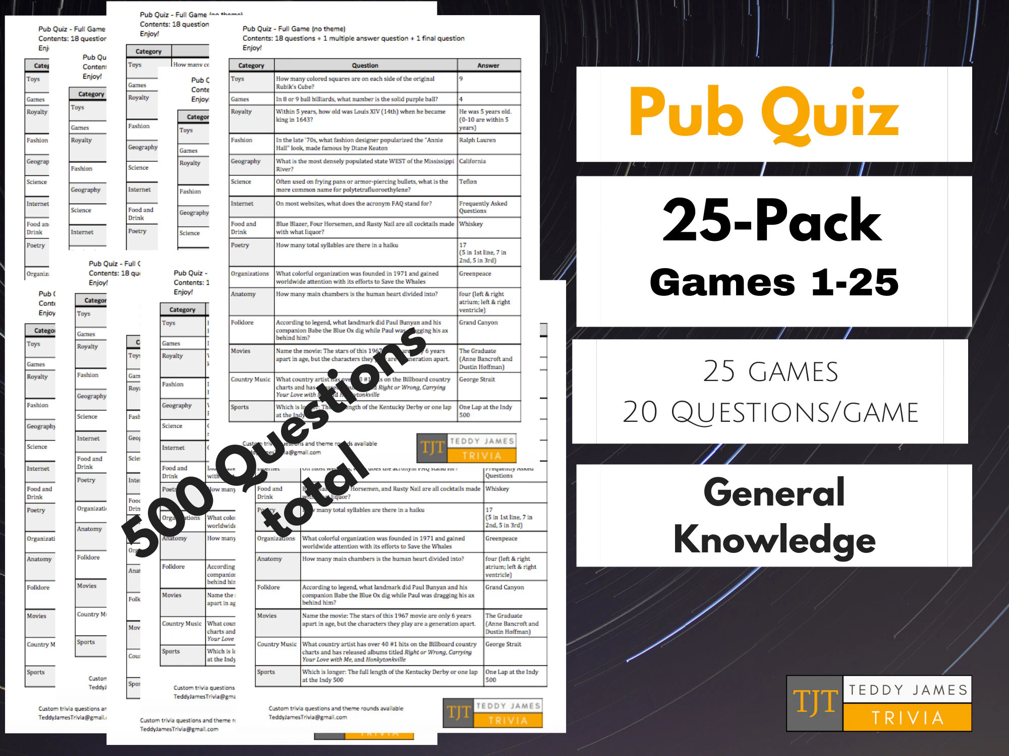 500 Trivia Questions 25 Pack Of General