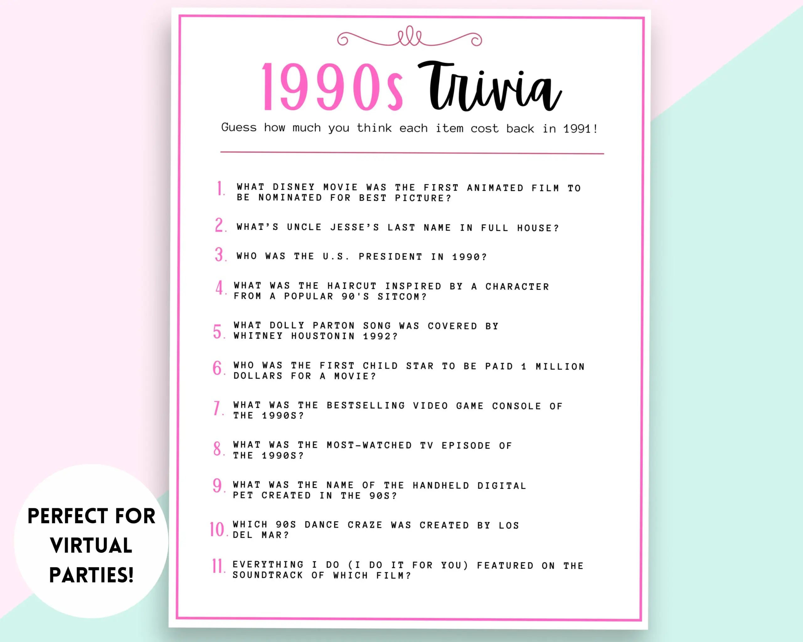 90s Trivia 90s Trivia Game 30th Birthday 90s Trivia 90s Trivia Game 30th Birthday