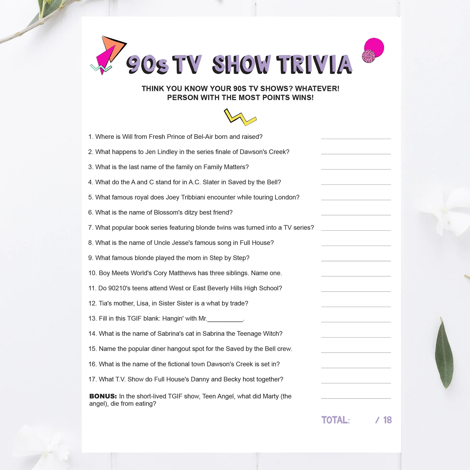 90s Tv Show Trivia Game Printable 90s Tv Show Trivia Game Printable