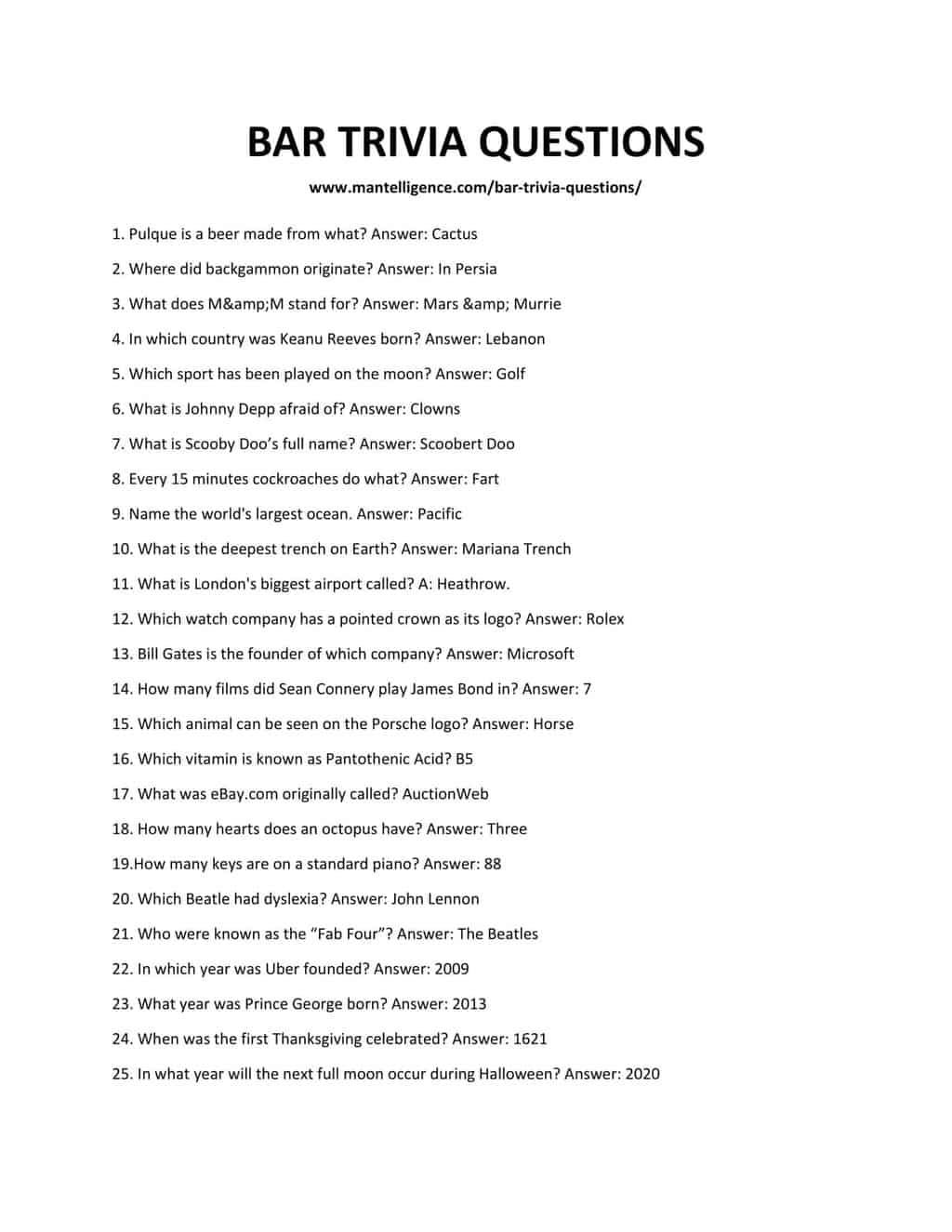 Bar Trivia Questions