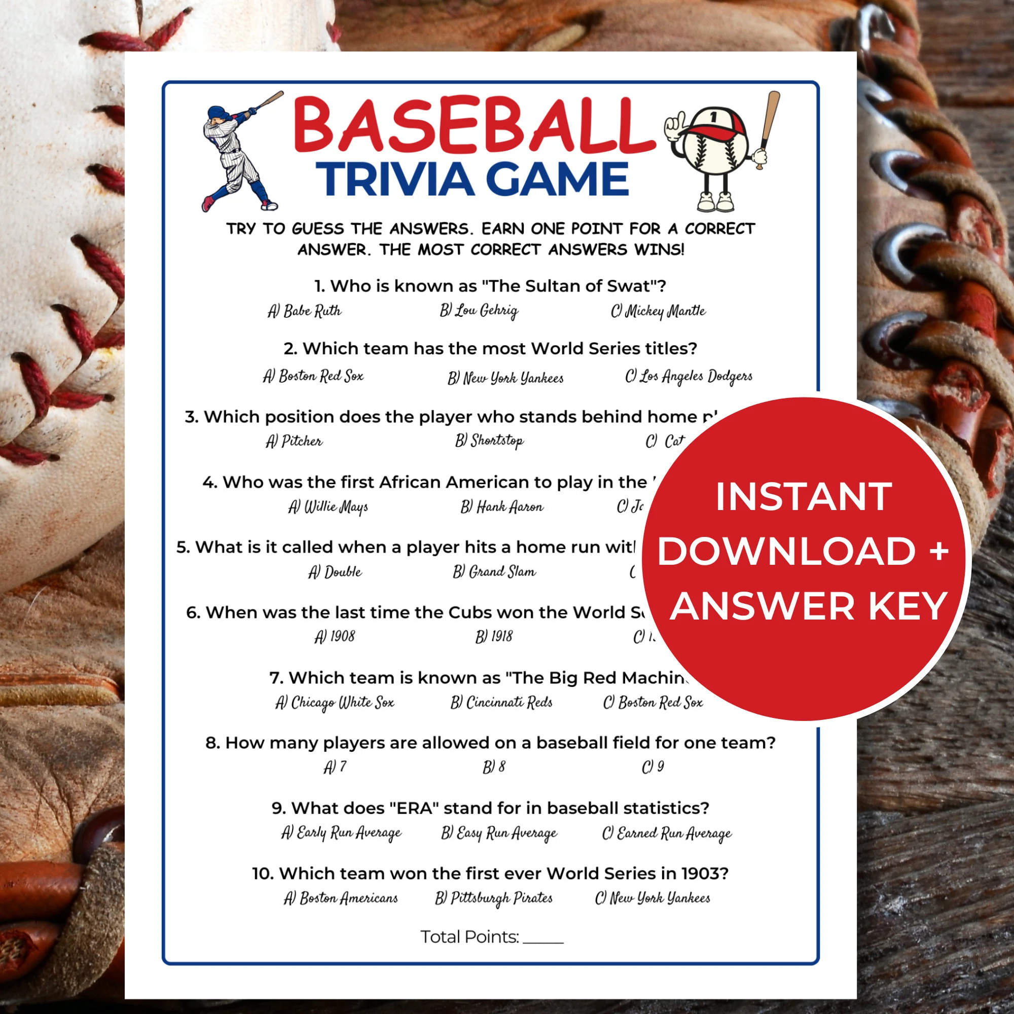 Baseball Trivia Game Printable Baseball