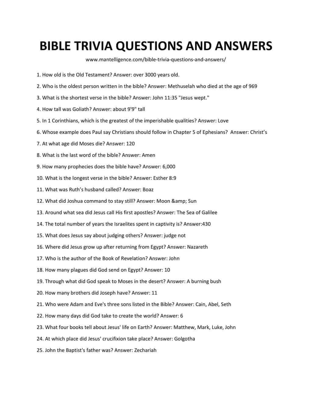 Bible Trivia Questions And Answers Bible Trivia Questions And Answers