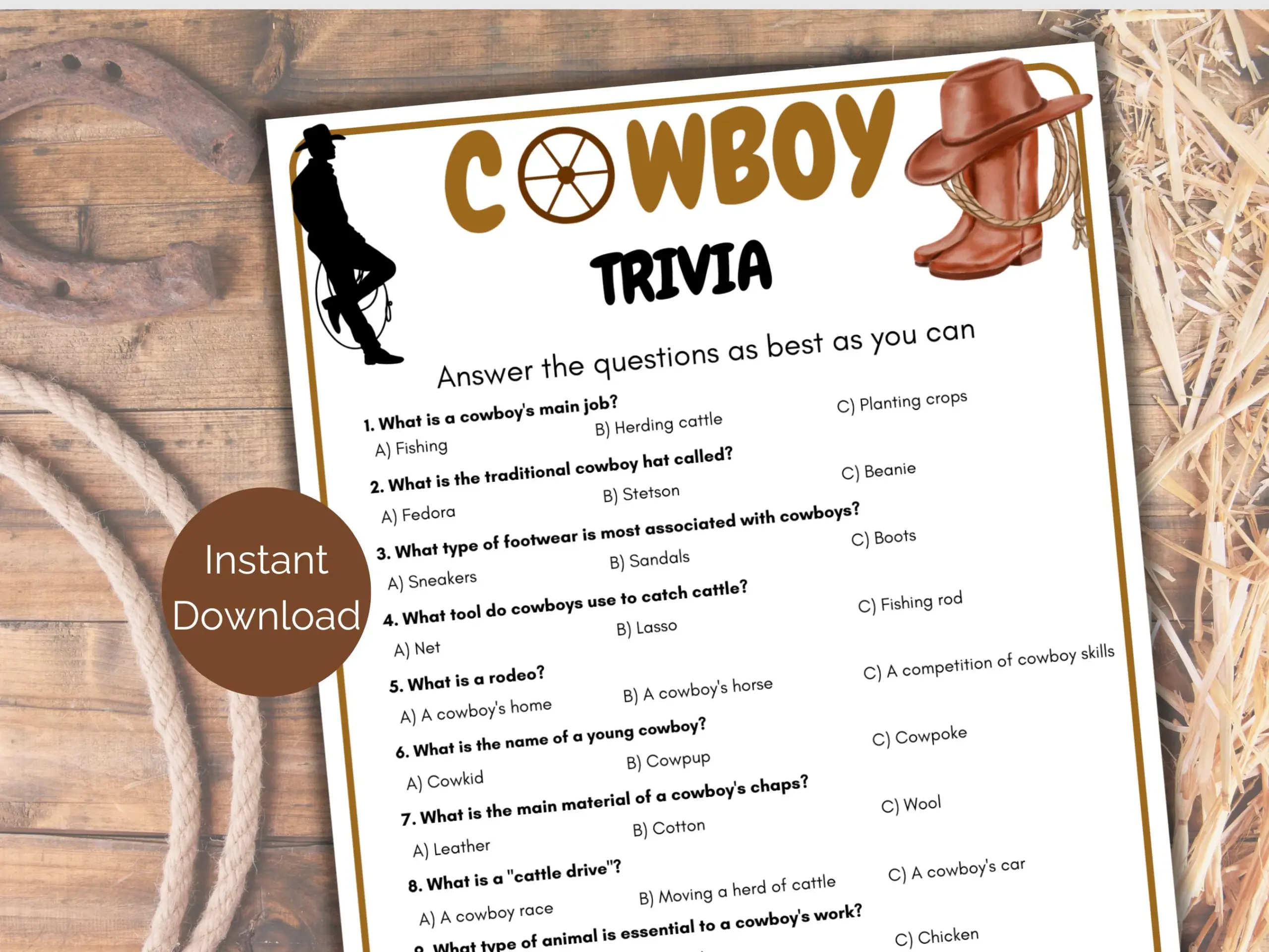 Cowboy Trivia Game Printable Cowboy