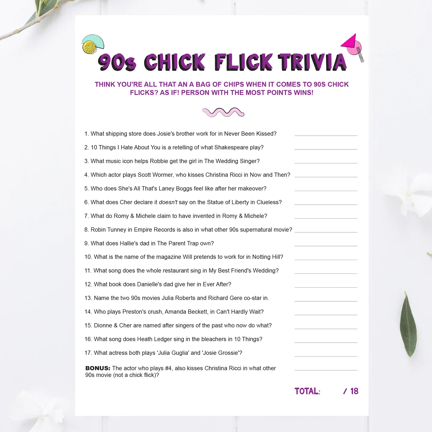 Digital Download 90s Chick Flick Trivia Game Digital Download 90s Chick Flick Trivia Game