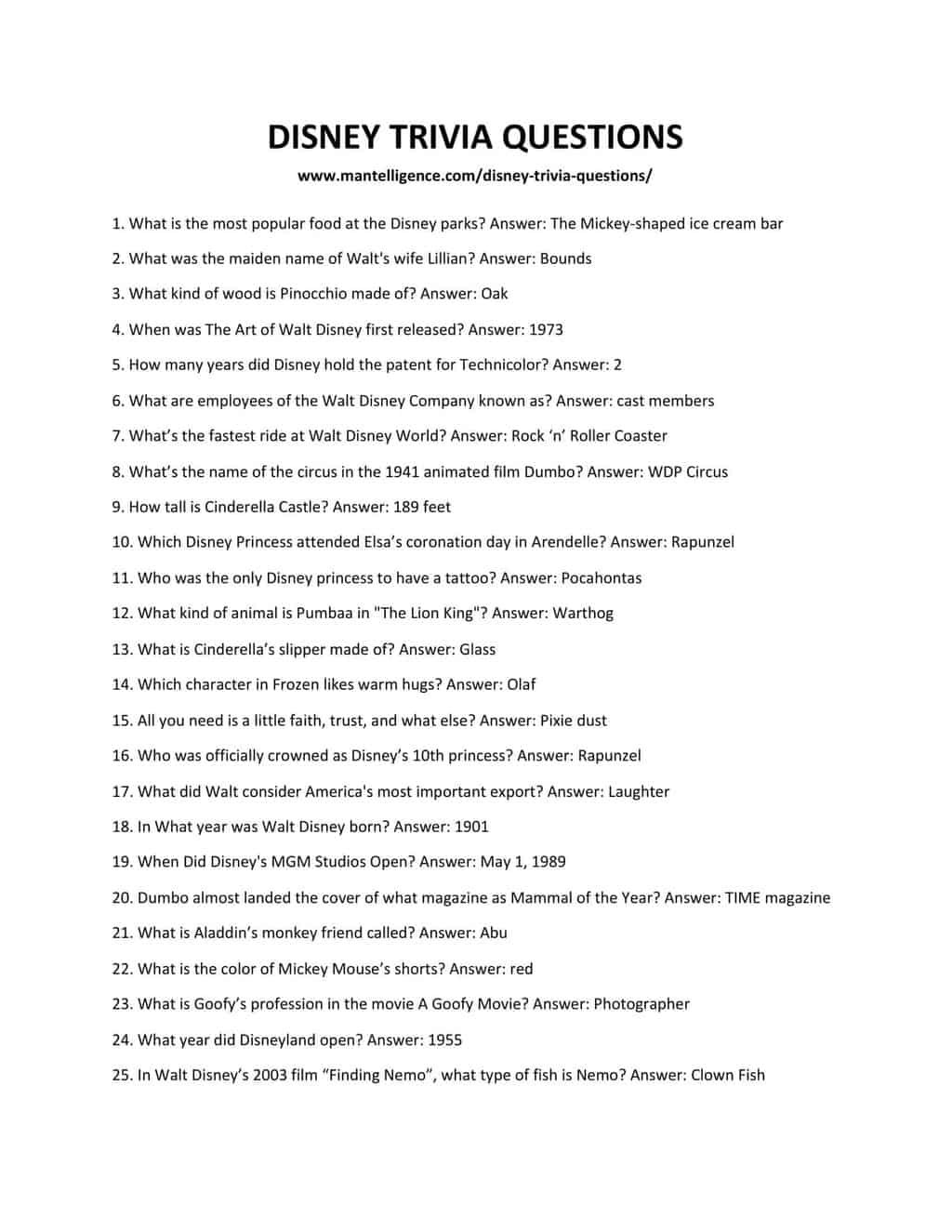 Disney Trivia Questions