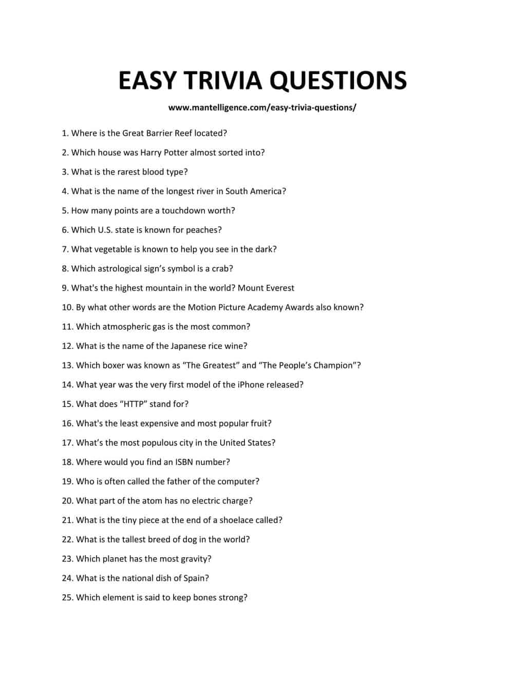 Easy Trivia Questions