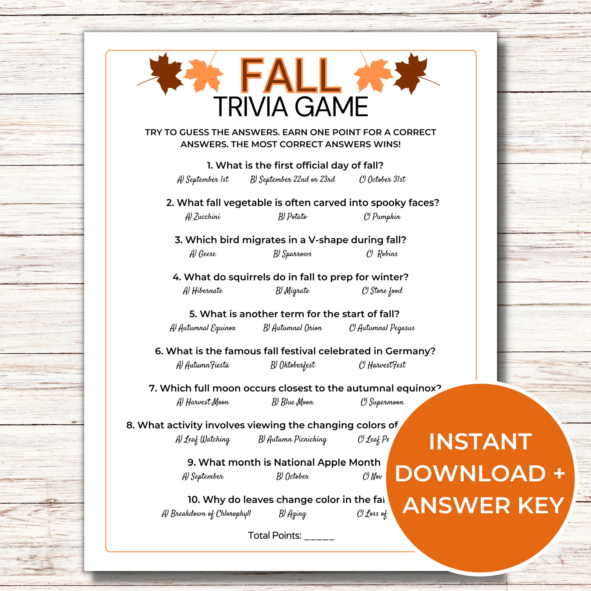 Fall Trivia Game Fall Printable Games