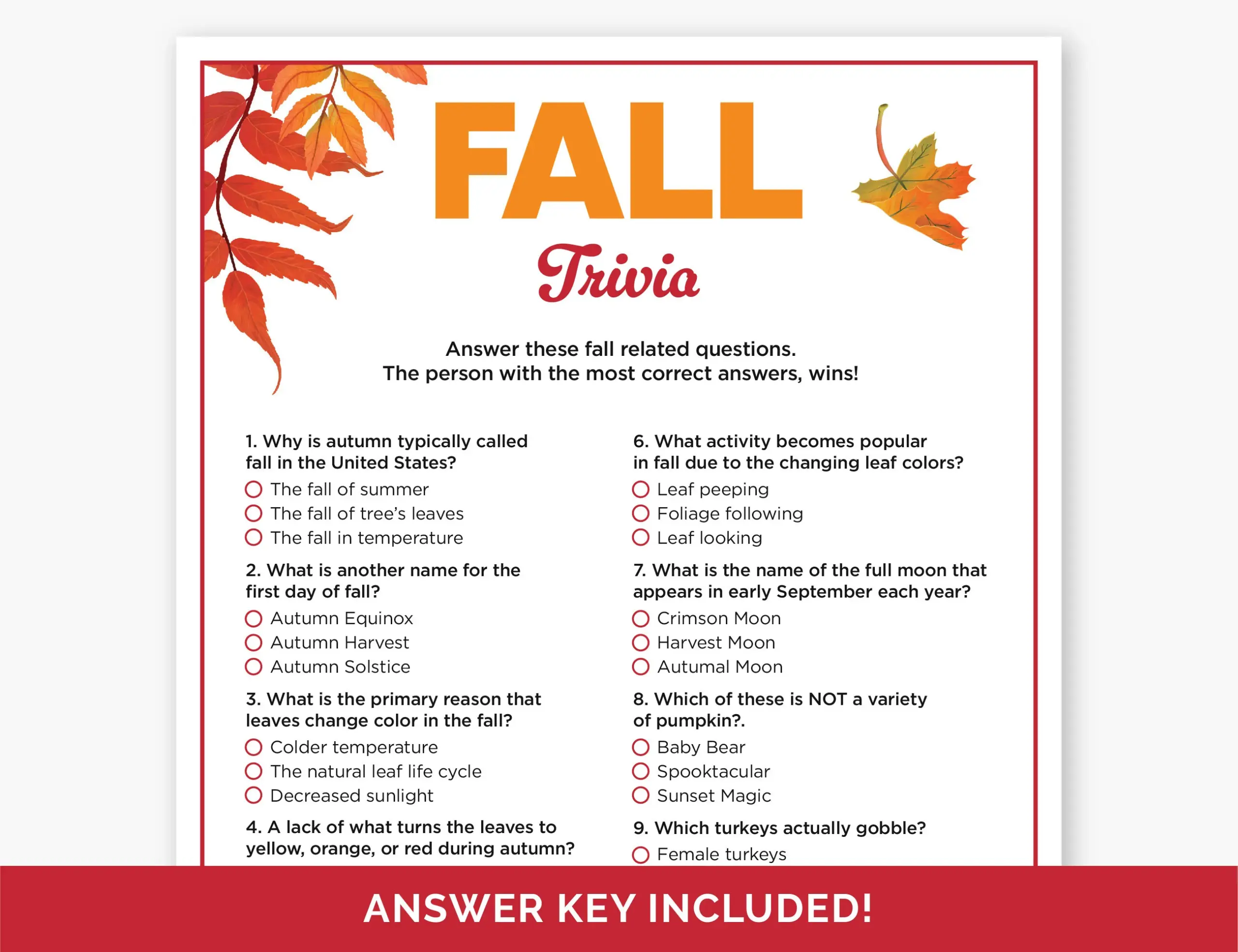 Fall Trivia Game Printable Autumn Quiz