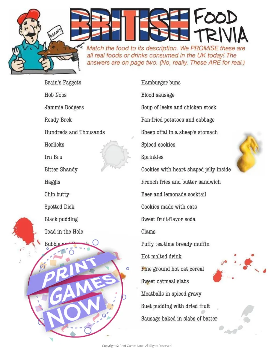 Foods Drinks Games Nasty British Food Trivia