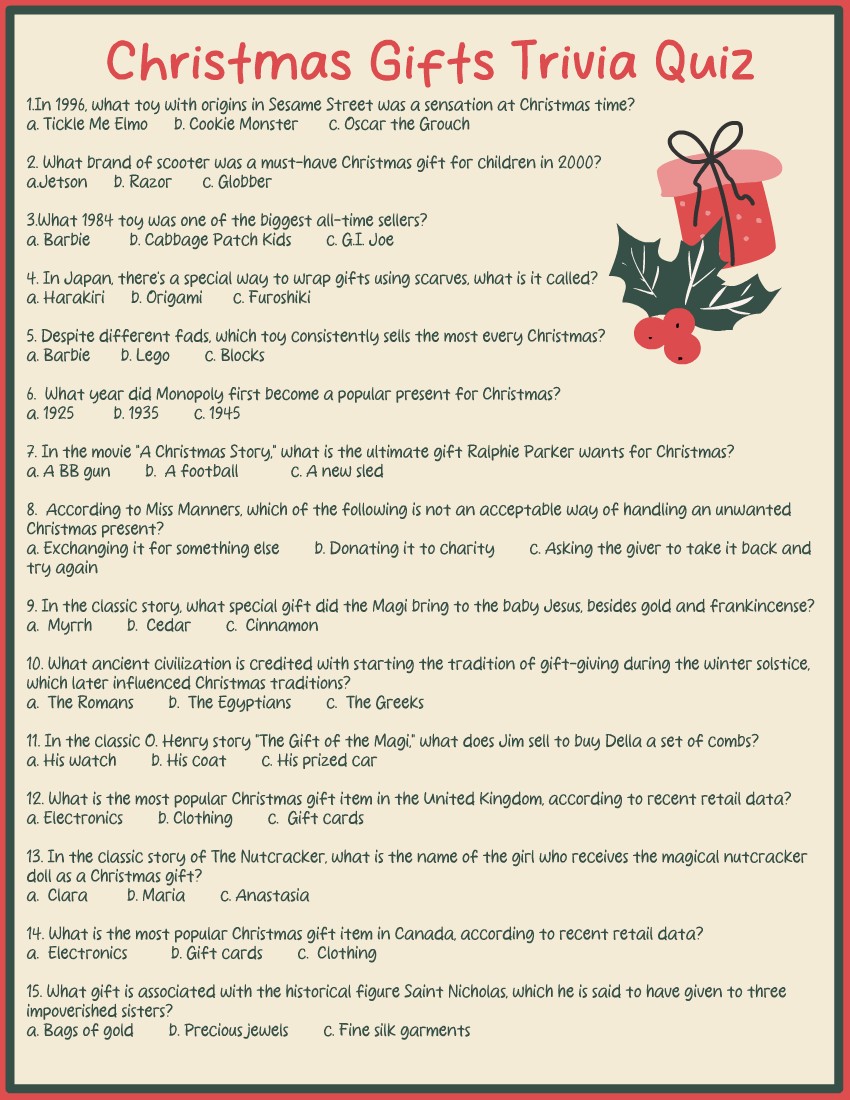 Free Printable Christmas Gifts Trivia Quiz With Answer Key Free Printable Christmas Gifts Trivia Quiz With Answer Key