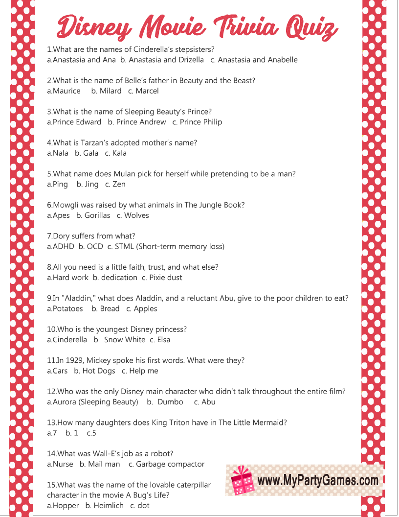 Free Printable Disney Movie Trivia Quiz Free Printable Disney Movie Trivia Quiz