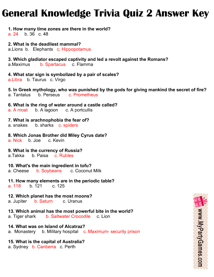 Free Printable General Knowledge Trivia Quizzes With Keys