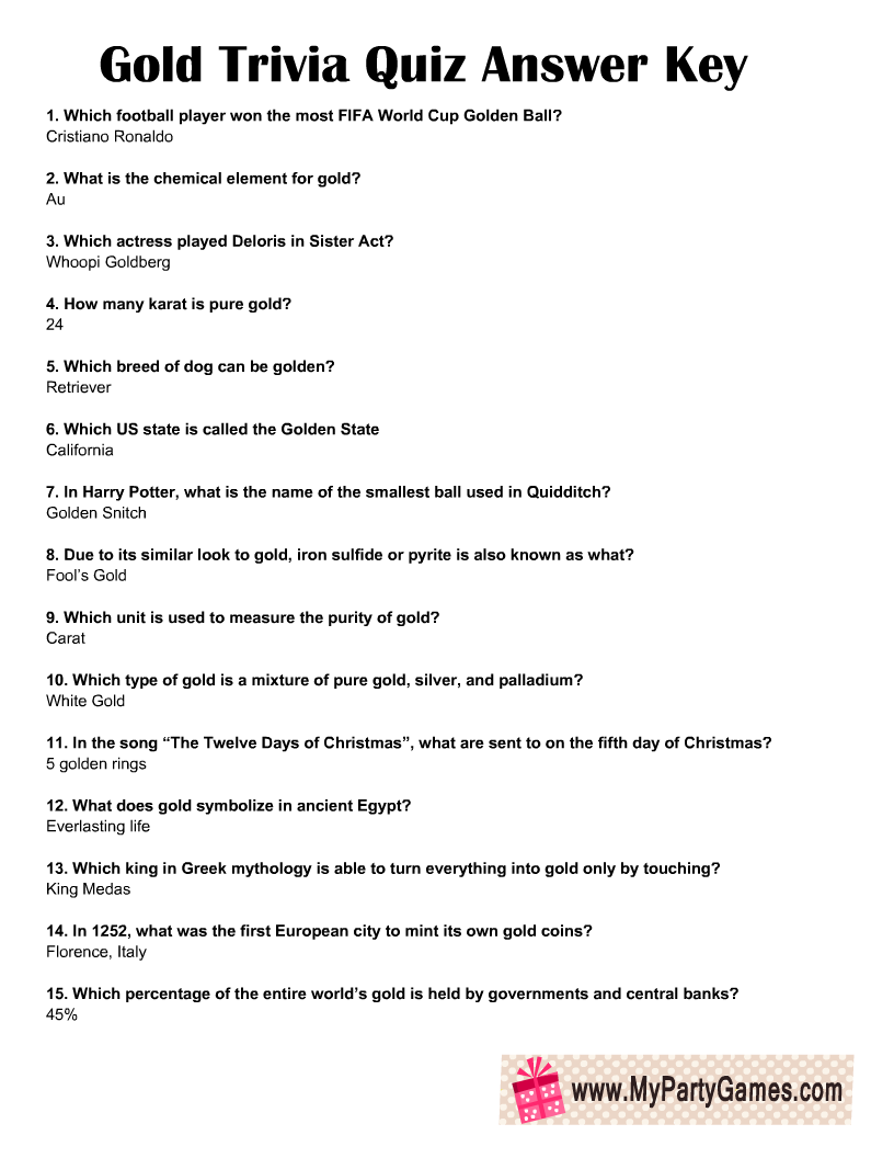 Free Printable Gold Trivia Quiz With Answer Key Free Printable Gold Trivia Quiz With Answer Key