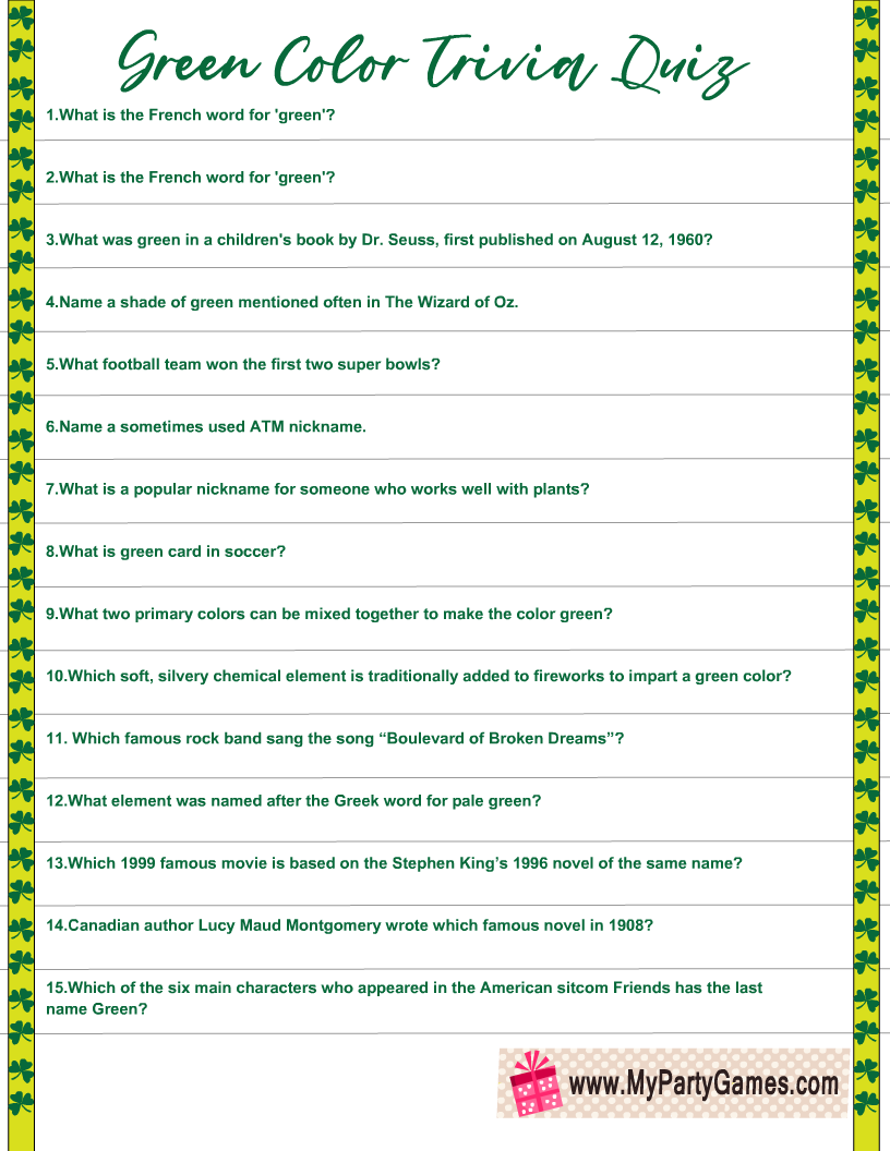 Free Printable Green Color Trivia Quiz With Answer Key Free Printable Green Color Trivia Quiz With Answer Key