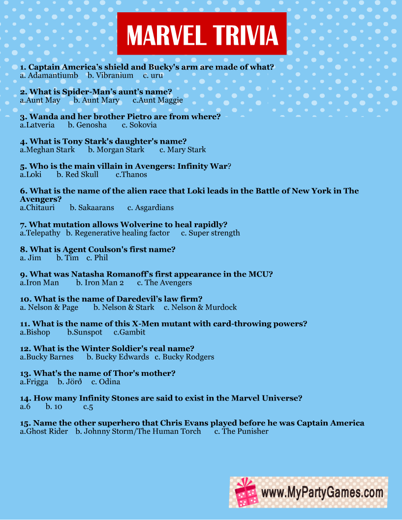 Free Printable Marvel Trivia Quiz With Answer Key