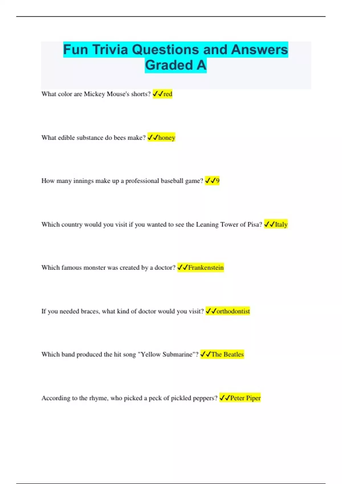 Fun Trivia Questions And Answers Graded A Fun Trivia Questions And Answers Graded A