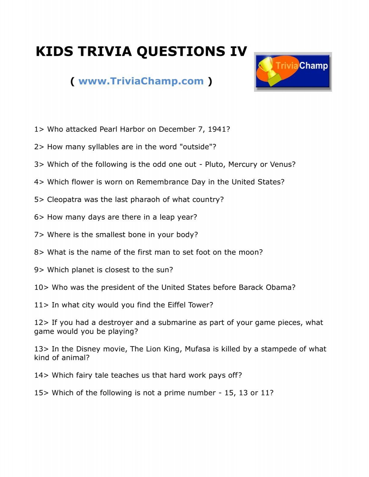 Kids Trivia Questions Iv Trivia Champ Kids Trivia Questions Iv Trivia Champ