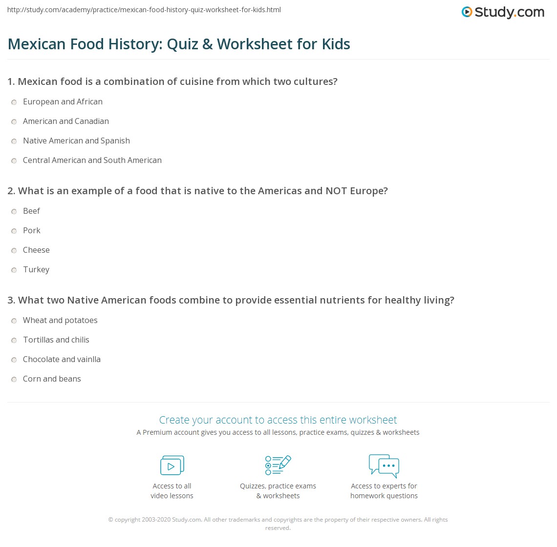 Mexican Food History Quiz Worksheet For Kids Mexican Food History Quiz Worksheet For Kids