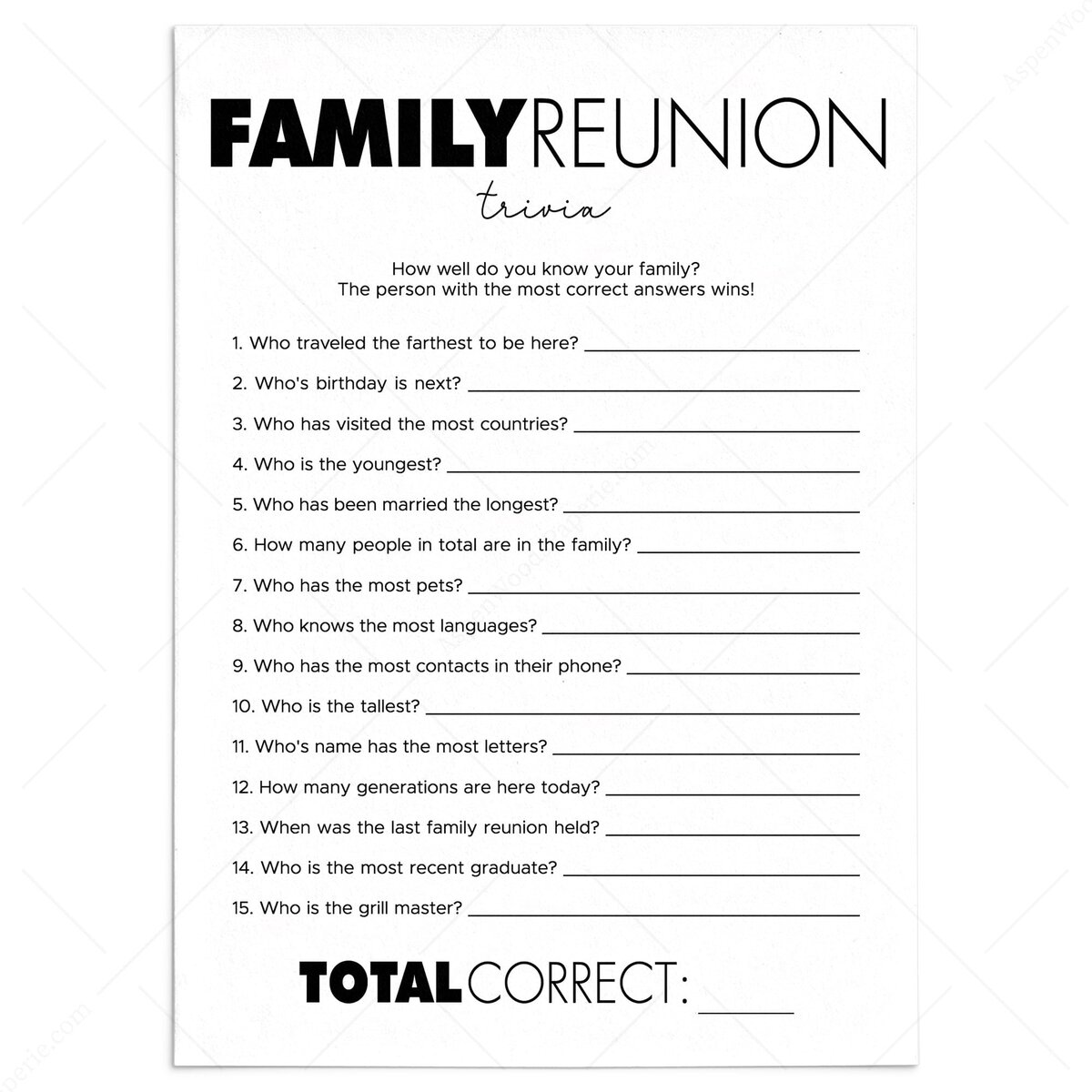 Modern Themed Family Reunion Trivia Quiz Printable
