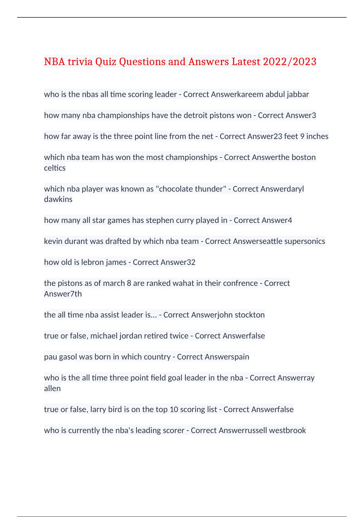 Nba Trivia Quiz Questions And Answers Latest 20222023100 Correct