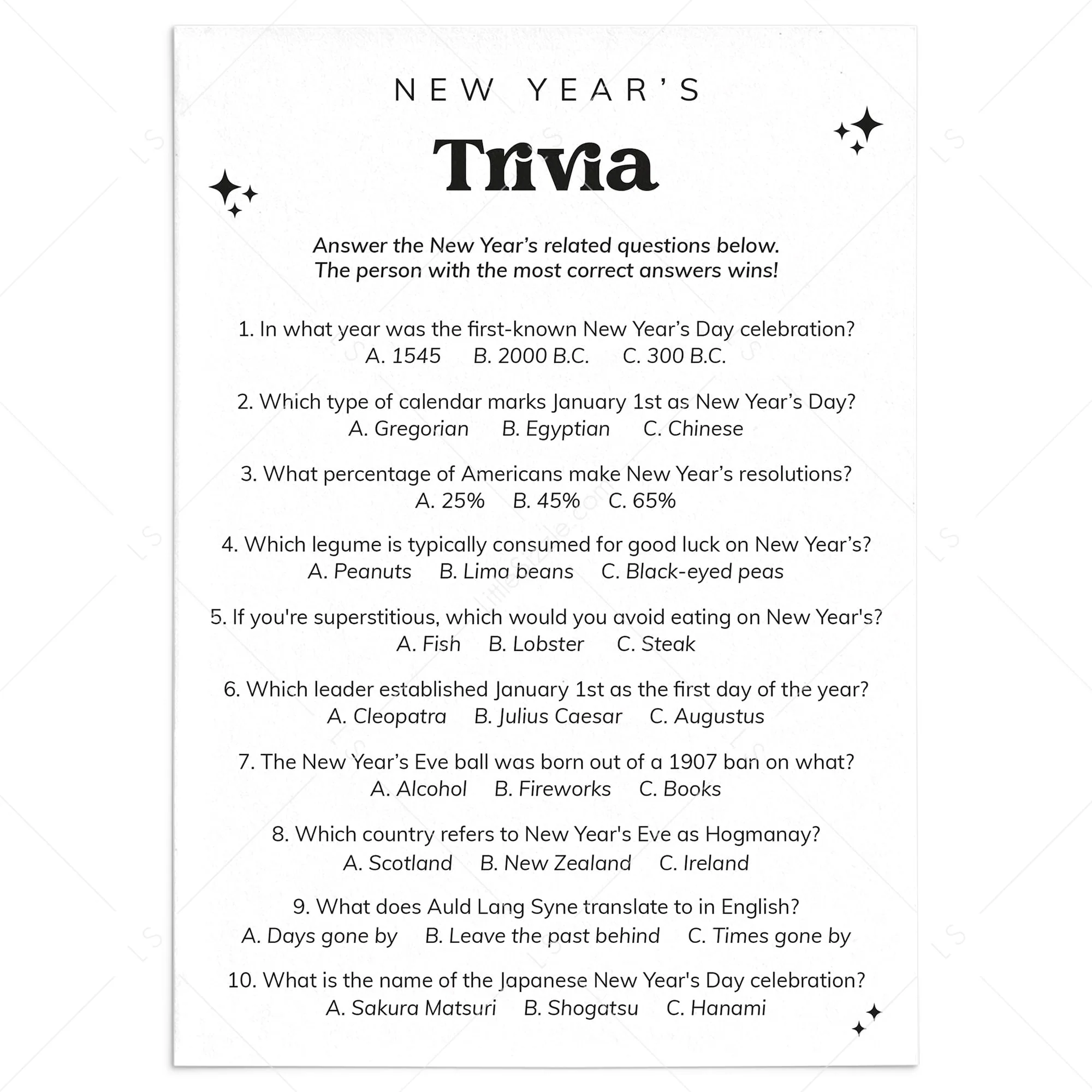 New Years Eve Trivia Questions And Answers Printable New Years Eve Trivia Questions And Answers Printable