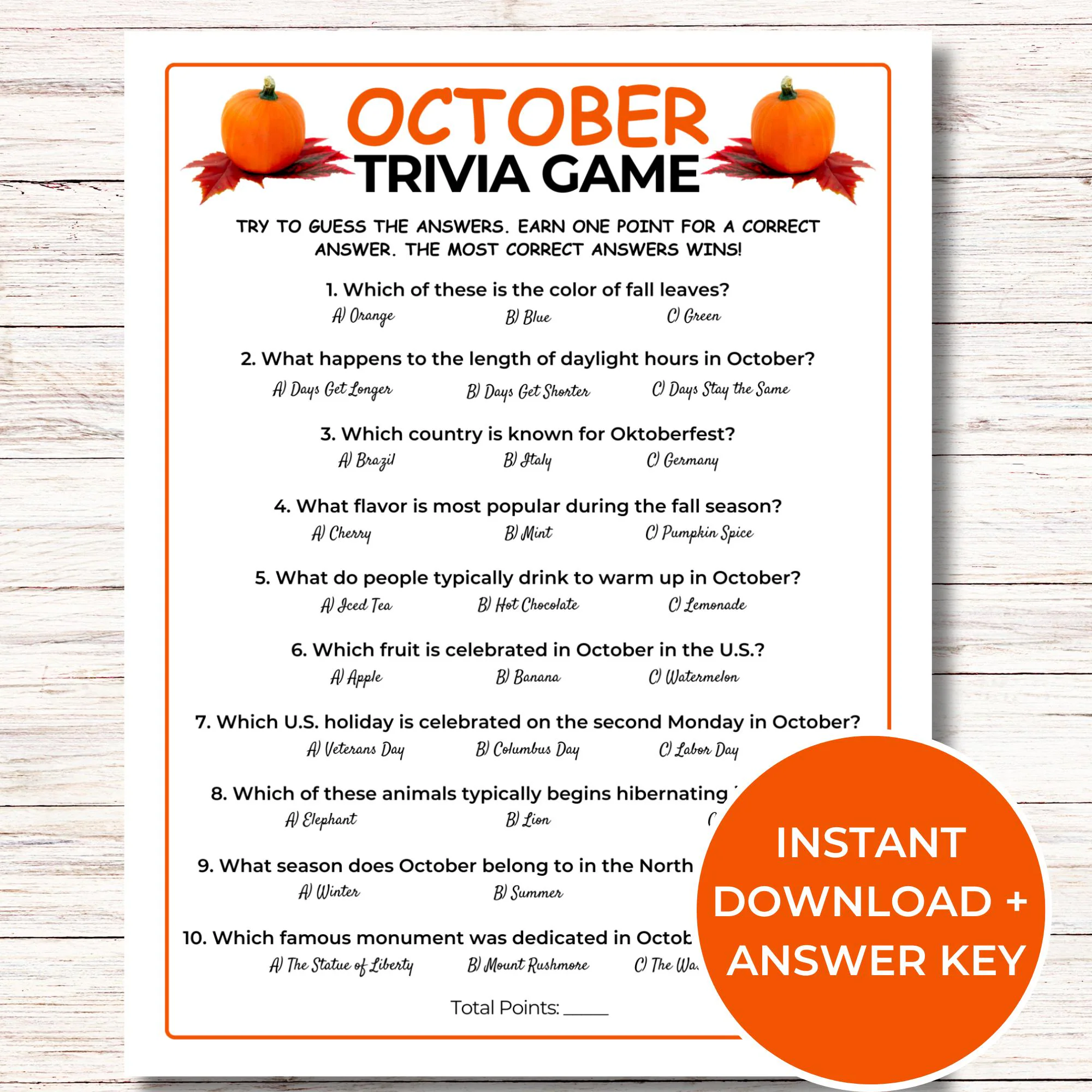 October Trivia Game Printable October October Trivia Game Printable October