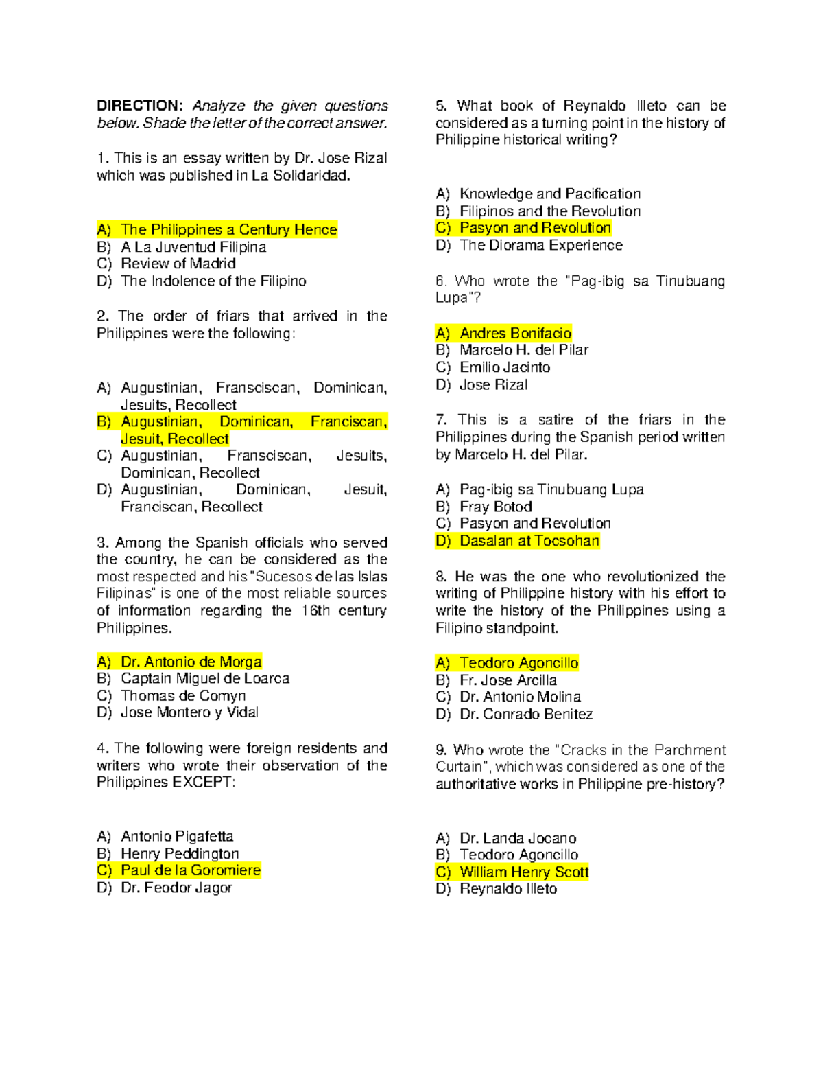 Philippine History Questions Philippine History Questions
