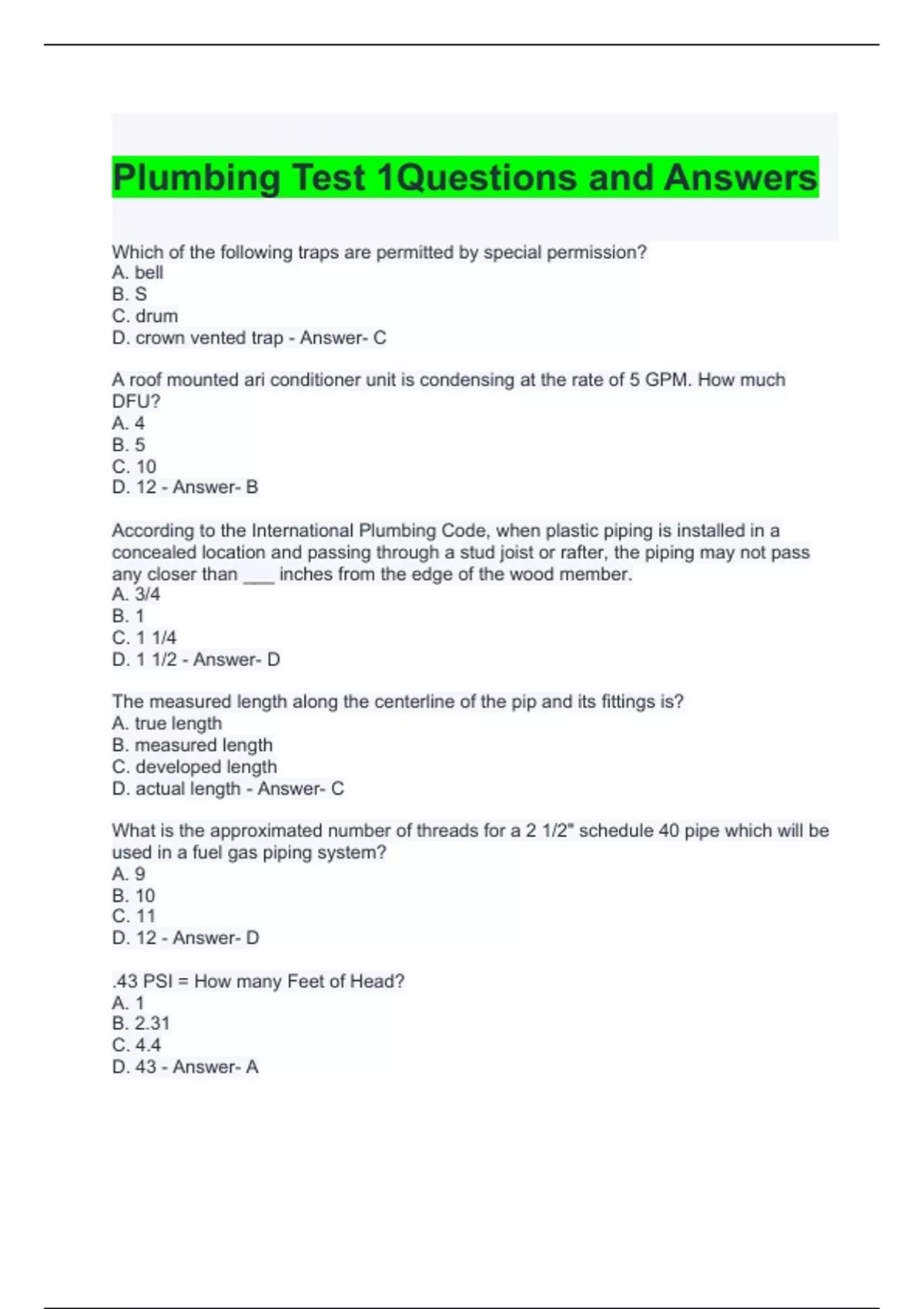 Plumbing Test 1questions And Answers 2024 Plumbing Test 1questions And Answers 2024