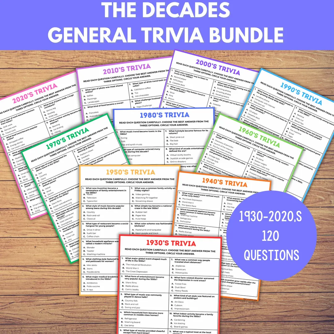 Printable Decades Trivia Game Bundle Printable Decades Trivia Game Bundle