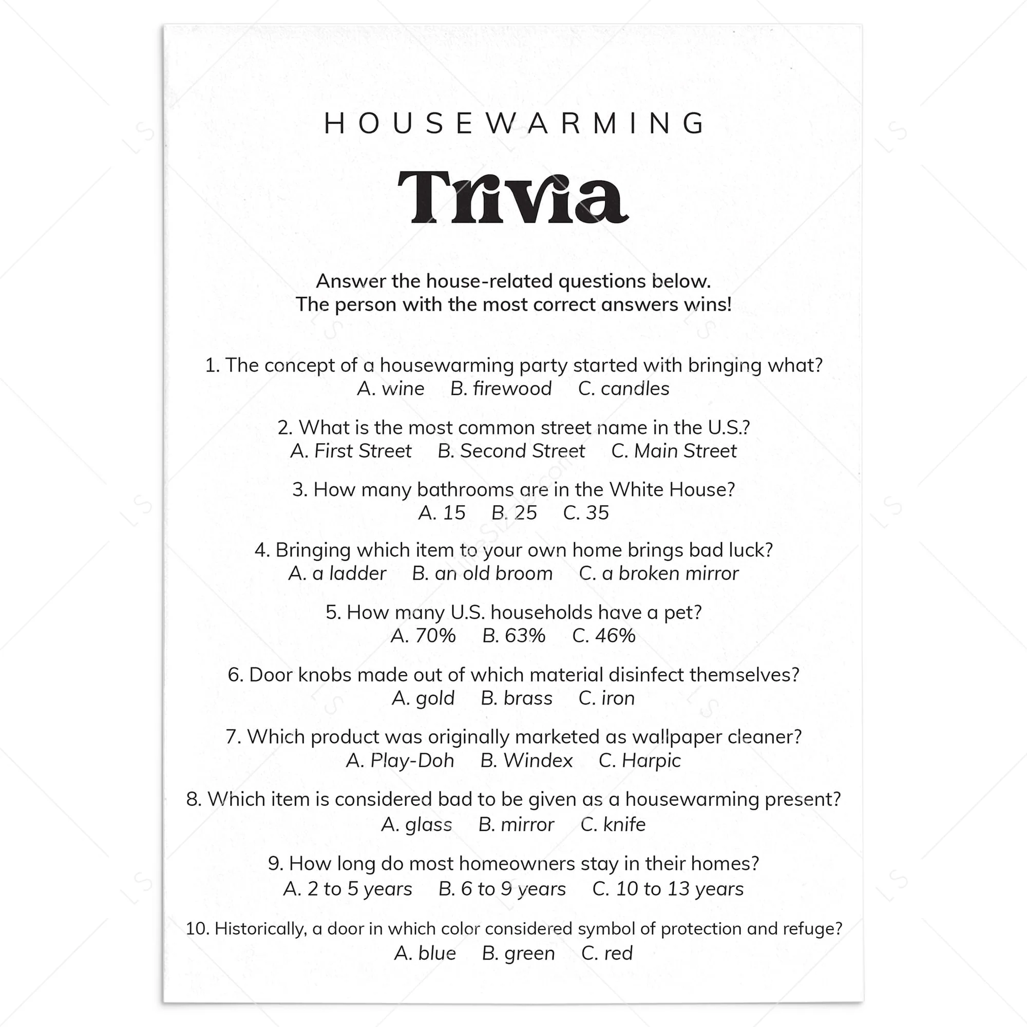 Printable Housewarming Party Trivia Questions And Answers Printable Housewarming Party Trivia Questions And Answers