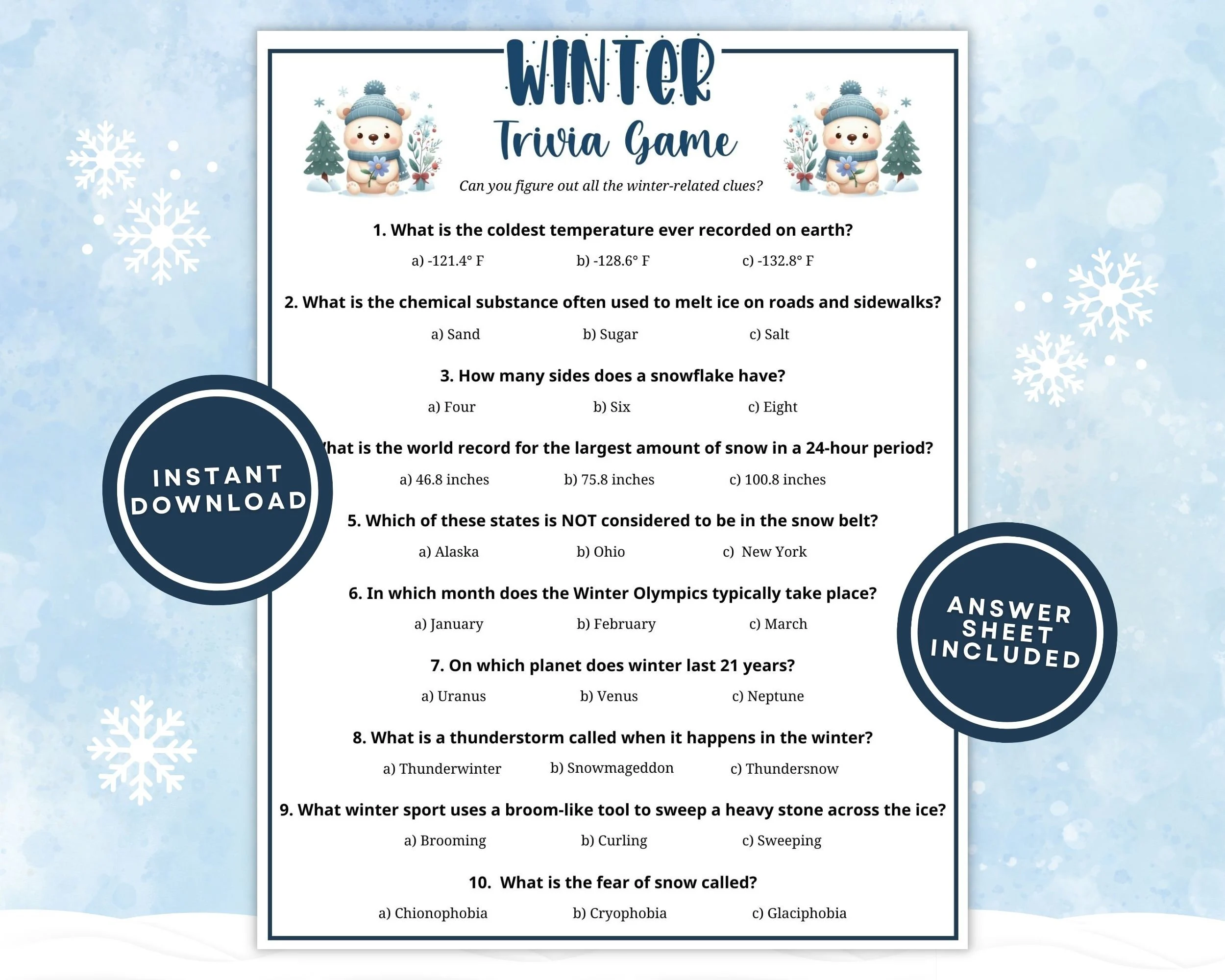 Printable Winter Trivia Game For Kids Printable Winter Trivia Game For Kids