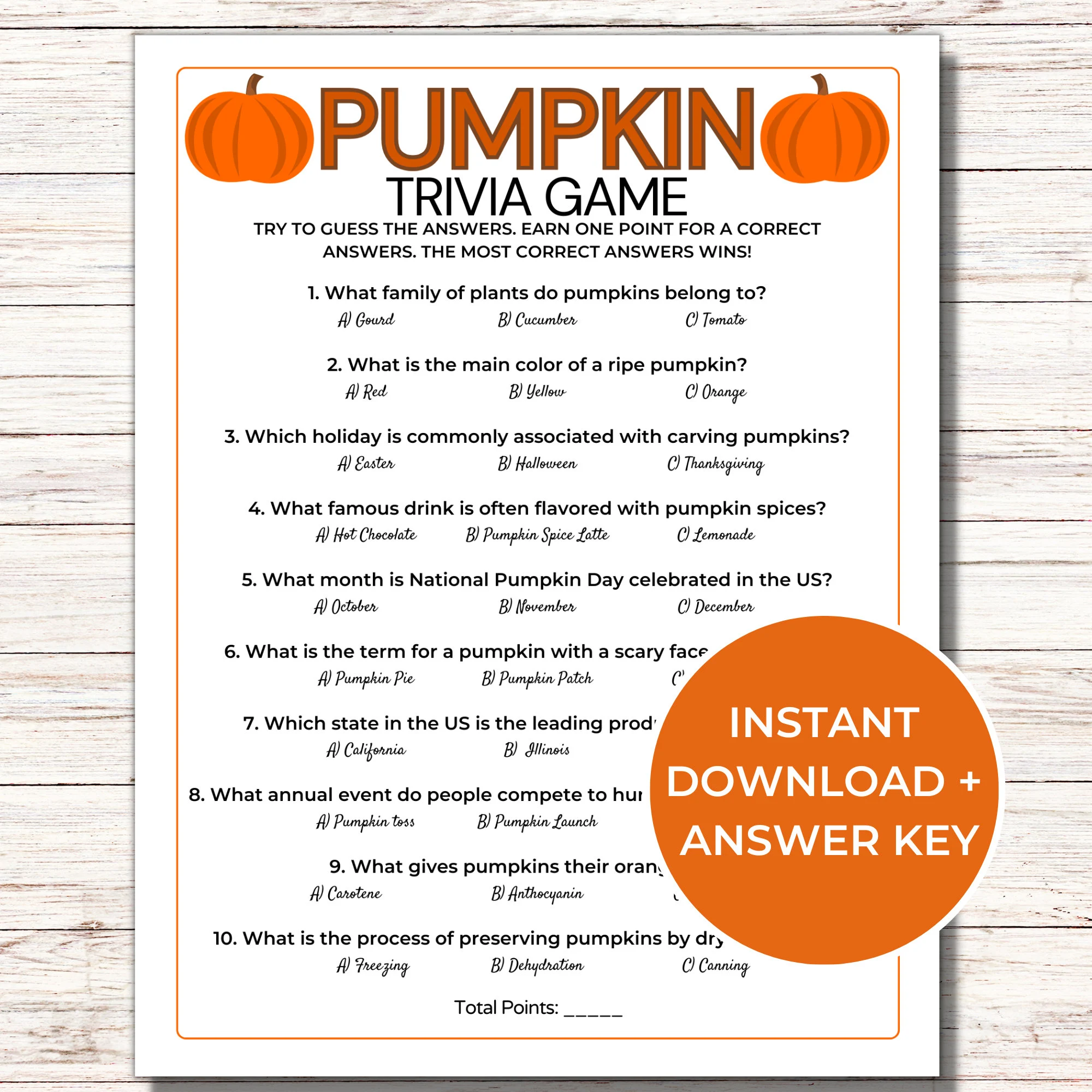 Pumpkin Trivia Game Printable Pumpkin