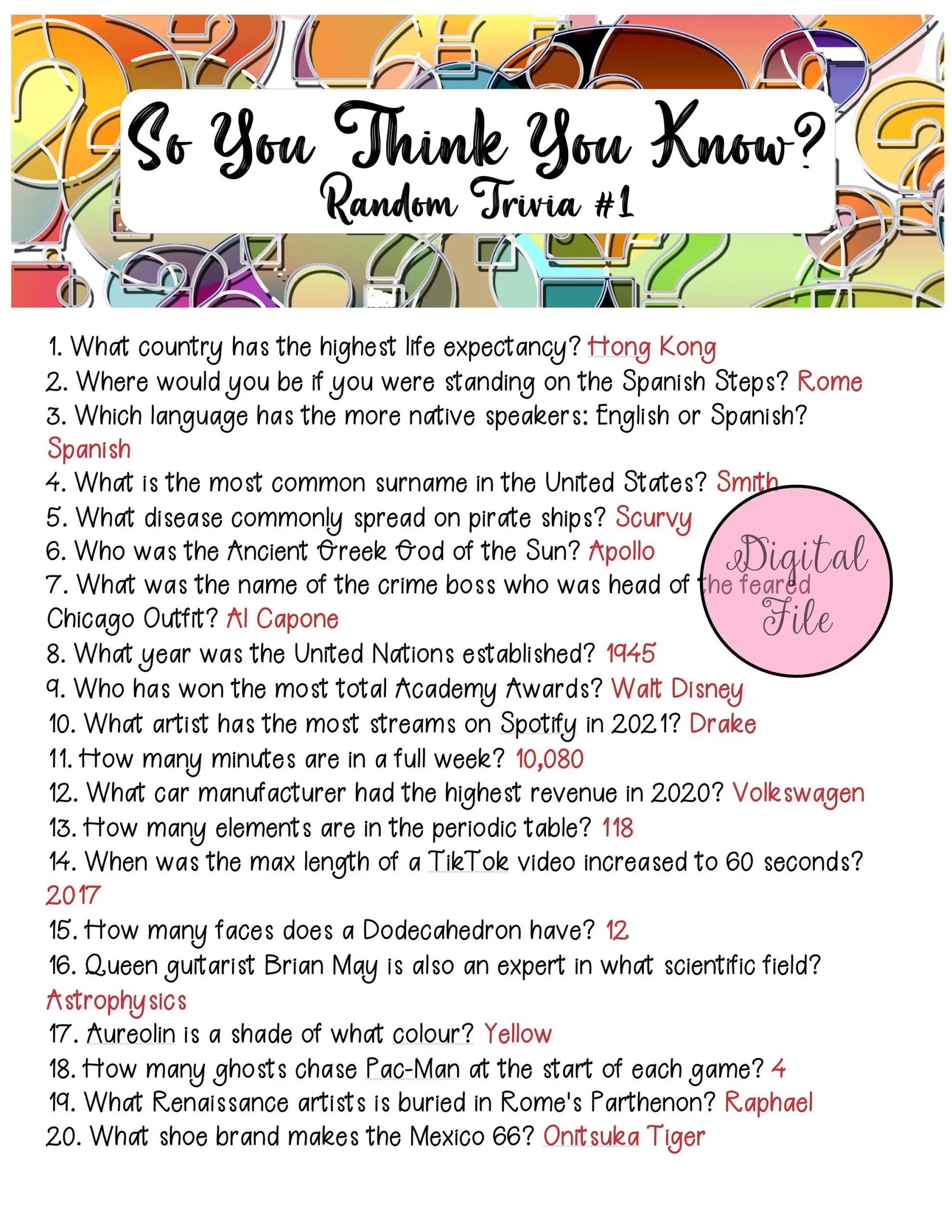 Random Trivia 1fun Quizprintable