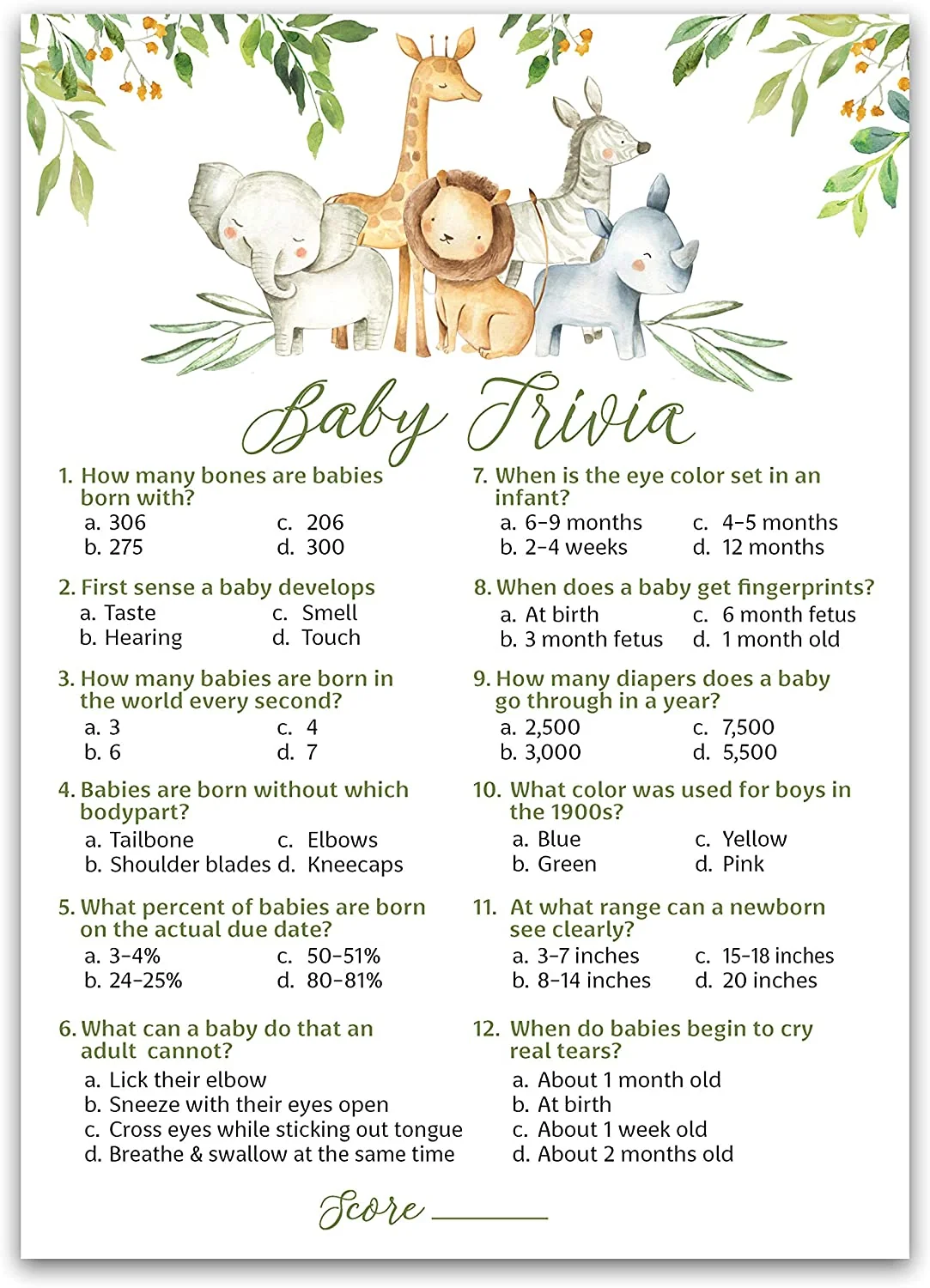 Safari Animals Baby Shower Game Baby Trivia Set Of 25