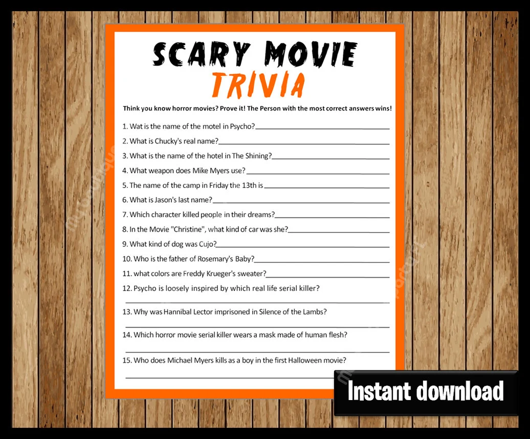 Scary Movie Trivia Party Game Printable Scary Movie Trivia Party Game Printable