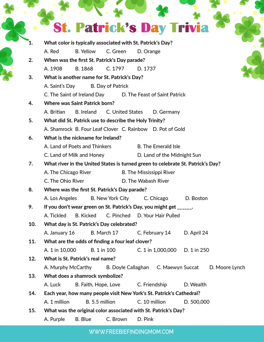 St Patricks Day Trivia Questions And Answers Multiple Choice Printables
