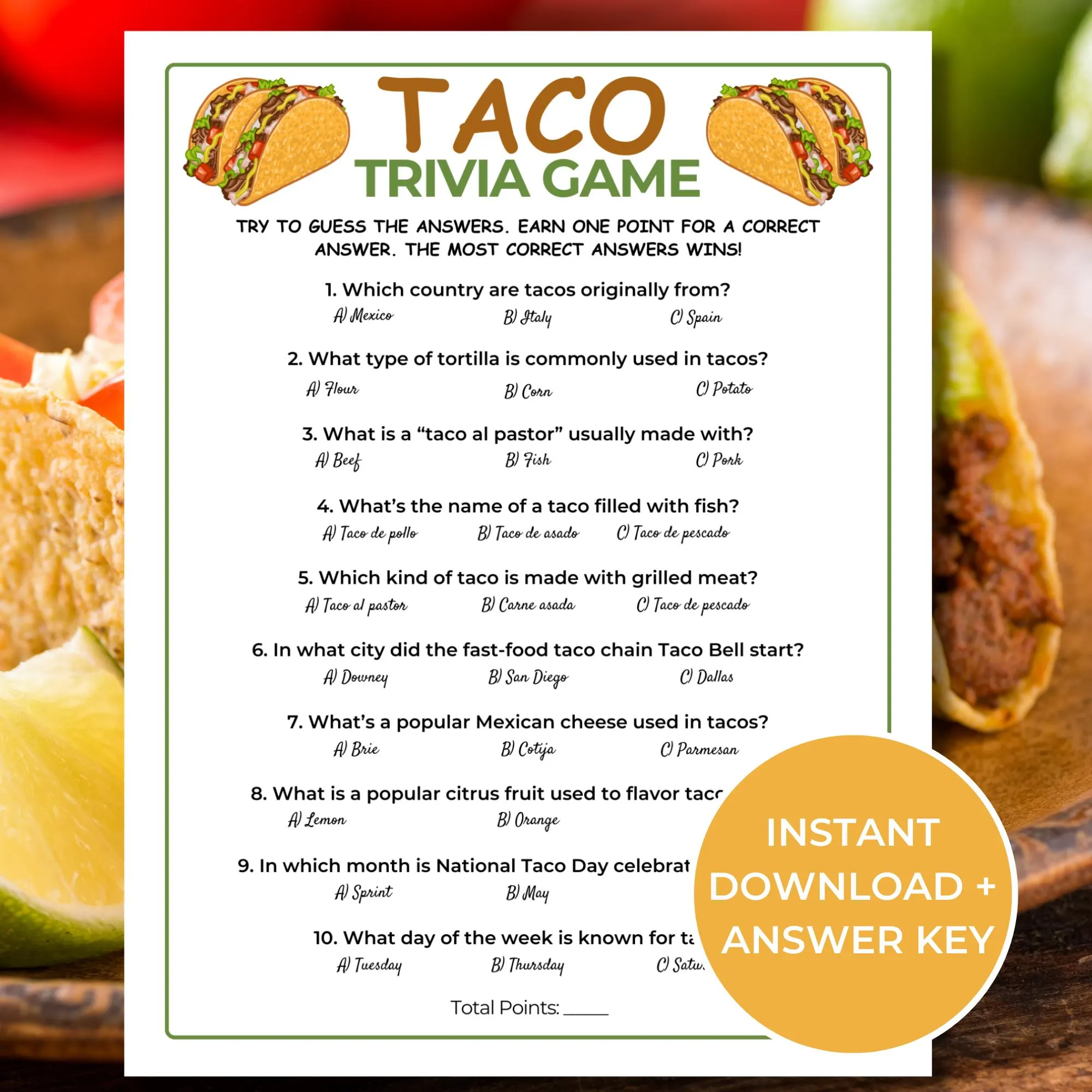 Taco Trivia Game Printable Taco Tuesday