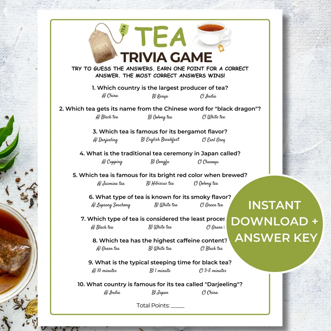 Tea Trivia Game Printable Tea Game Tea Tea Trivia Game Printable Tea Game Tea