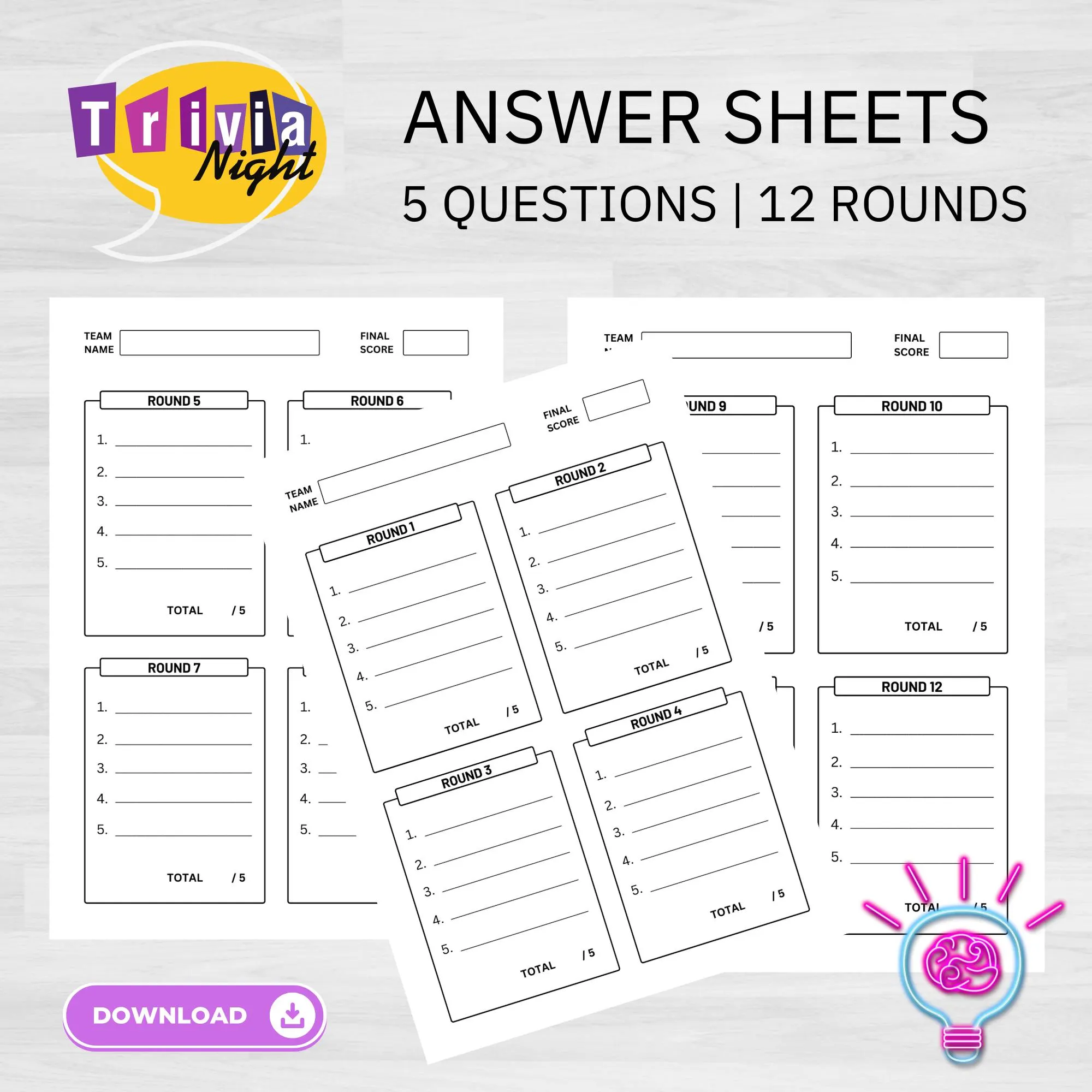 Trivia Answer Sheets 12 Rounds 60 Trivia Answer Sheets 12 Rounds 60