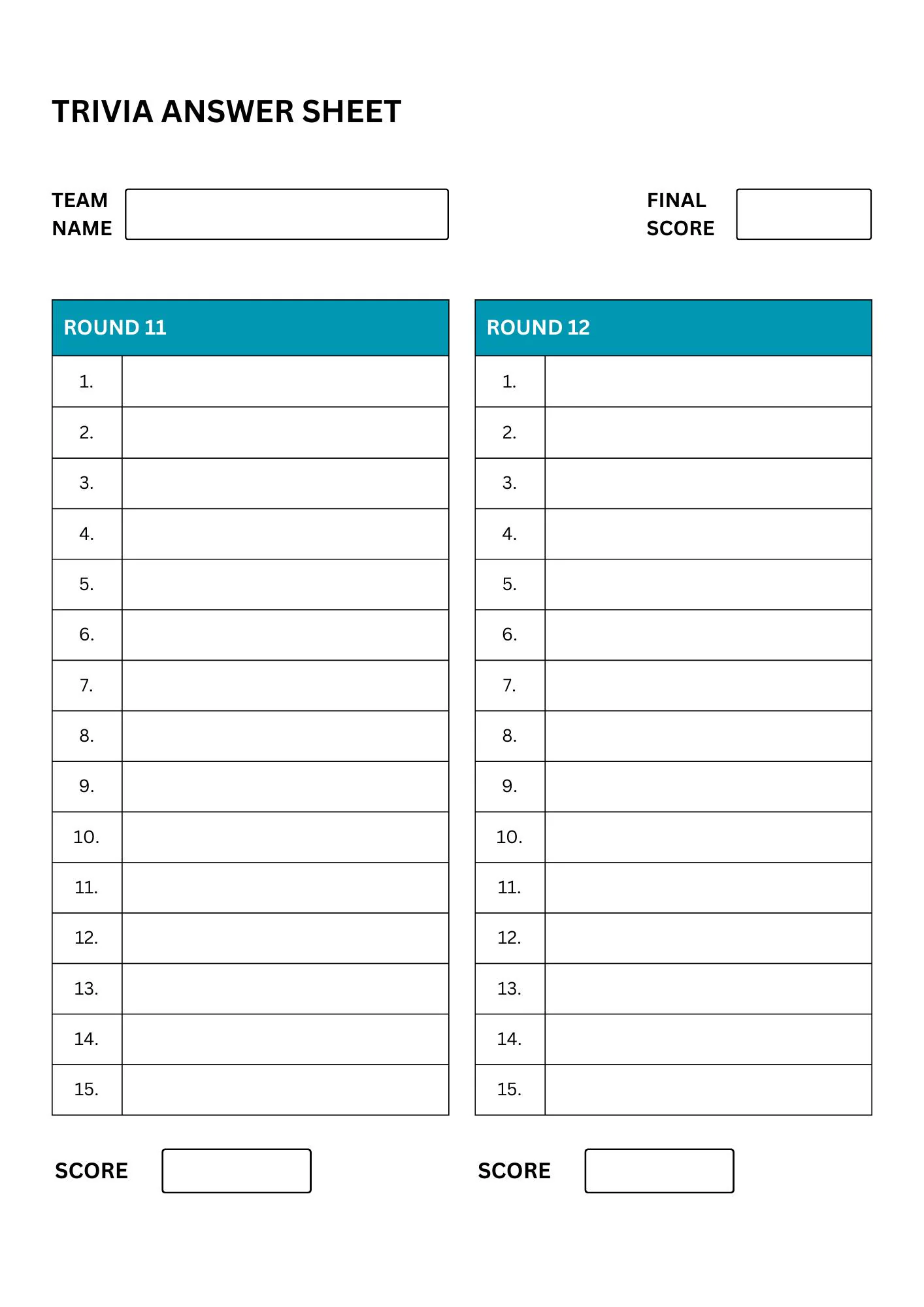Trivia Answer Sheets 15 Question Quiz Trivia Answer Sheets 15 Question Quiz