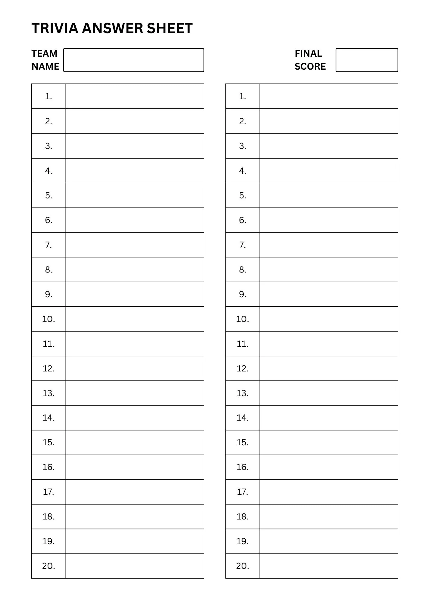 Trivia Answer Sheets 20 Question Quiz Trivia Answer Sheets 20 Question Quiz