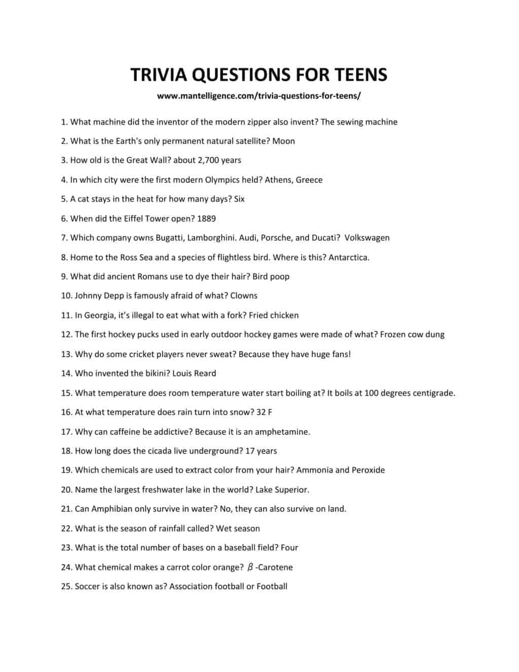 Trivia Questions For Teens