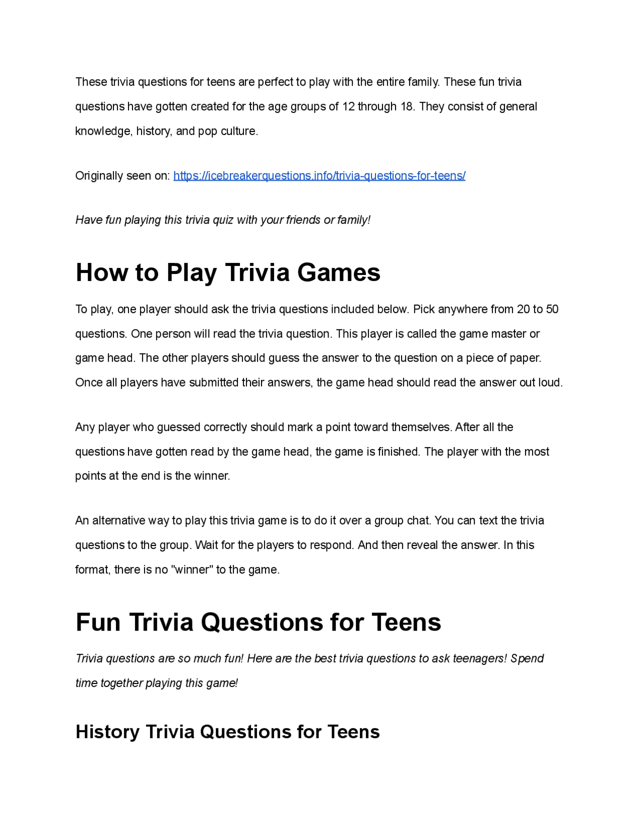 Trivia Questions For Teens Trivia Questions For Teens