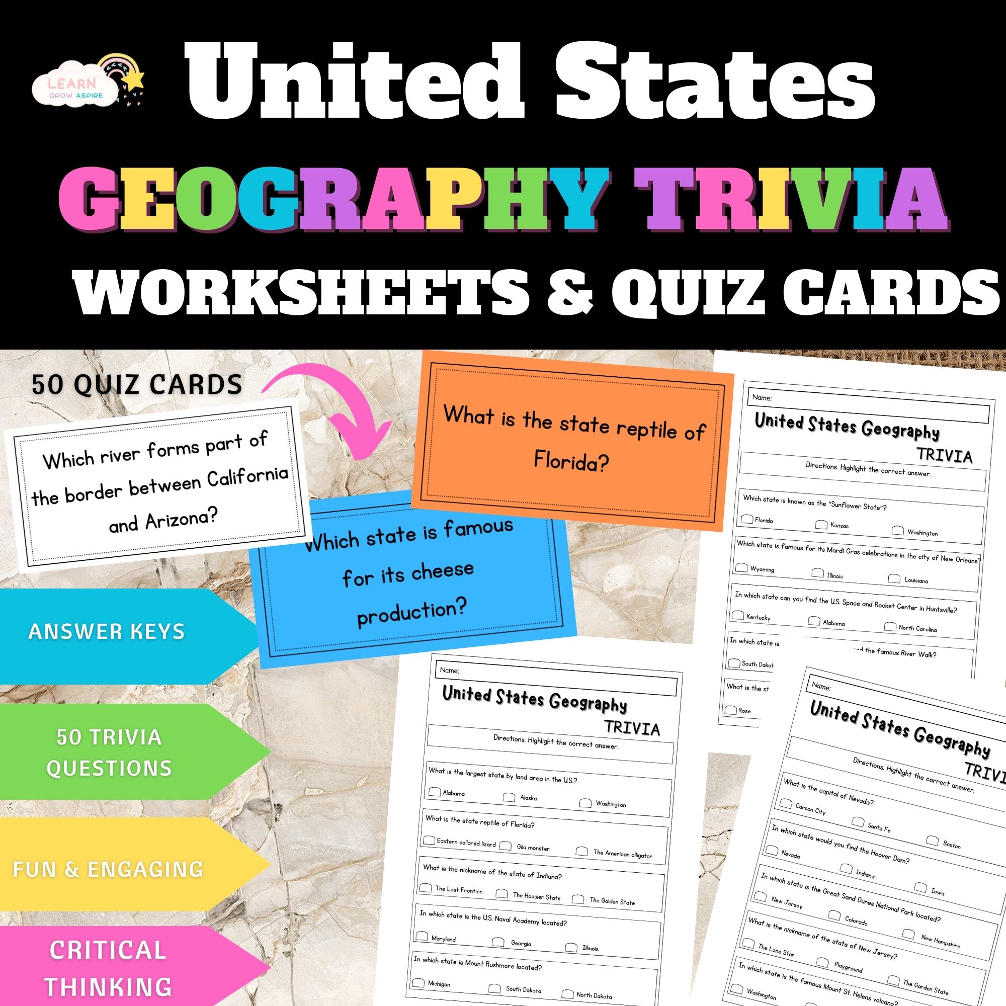 Us Geography Worksheets United States Trivia Printables Quiz Cards Us Geography Worksheets United States Trivia Printables Quiz Cards