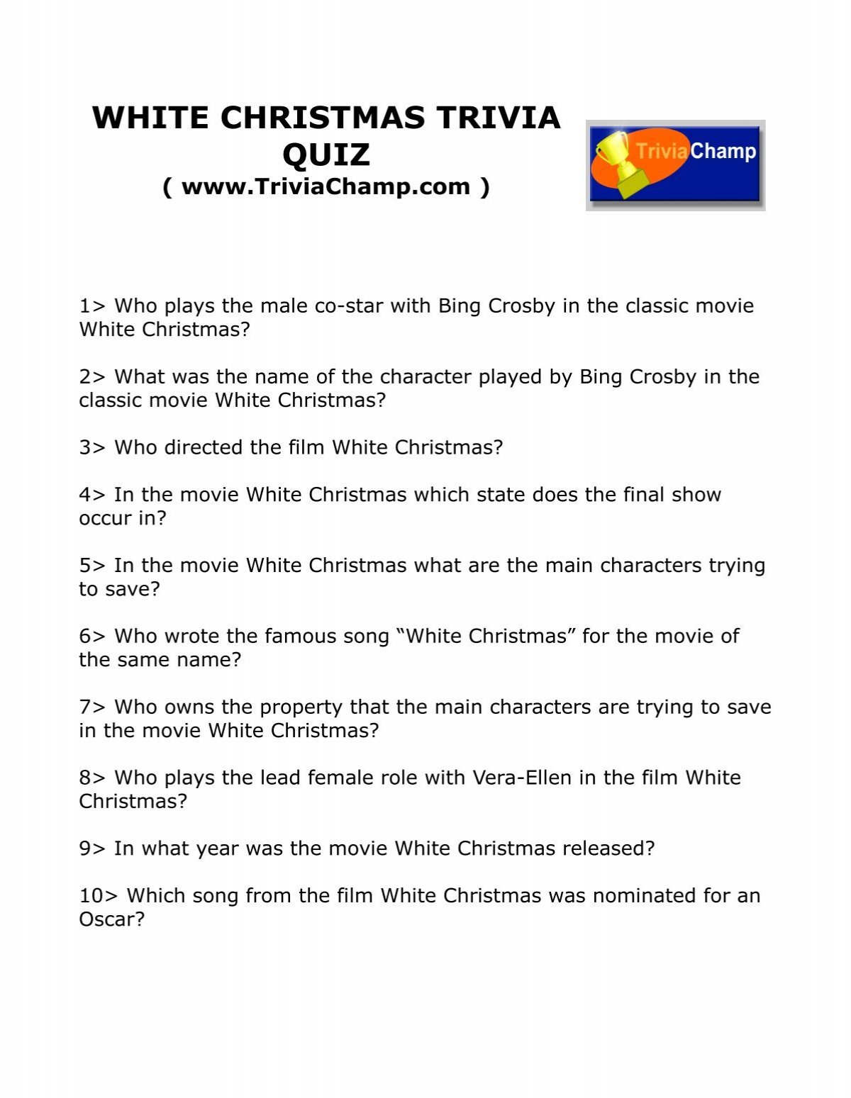 White Christmas Trivia Quiz Trivia Champ White Christmas Trivia Quiz Trivia Champ